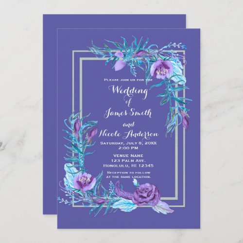 Ultra Violet Purple  Aqua Floral Chic Wedding Invitation