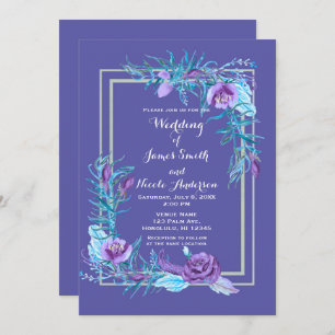 Ultra Violet Purple & Aqua Floral Chic Wedding Invitation