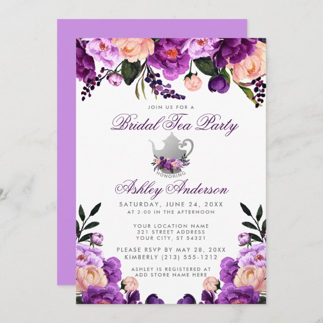 Ultra Violet Purple Bridal Shower Tea Party Invite (Front/Back)