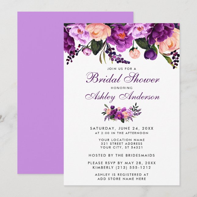 Ultra Violet Purple Floral Bridal Shower Invite V (Front/Back)