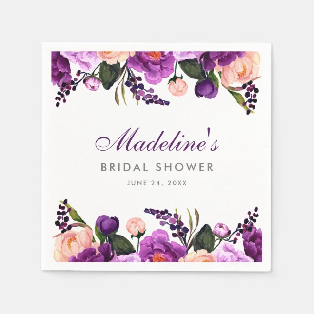 Ultra Violet Purple Floral Bridal Shower P Paper Napkins (Front)