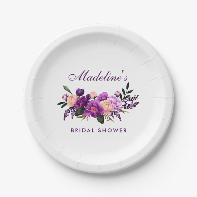 Ultra Violet Purple Floral Bridal Shower Paper Plates (Front)
