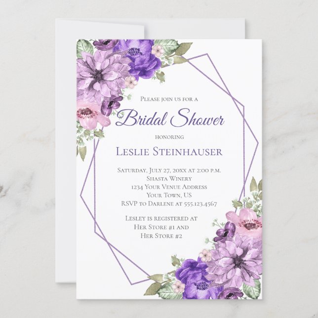 Ultra Violet Purple Floral Geometric Bridal Shower Invitation (Front)
