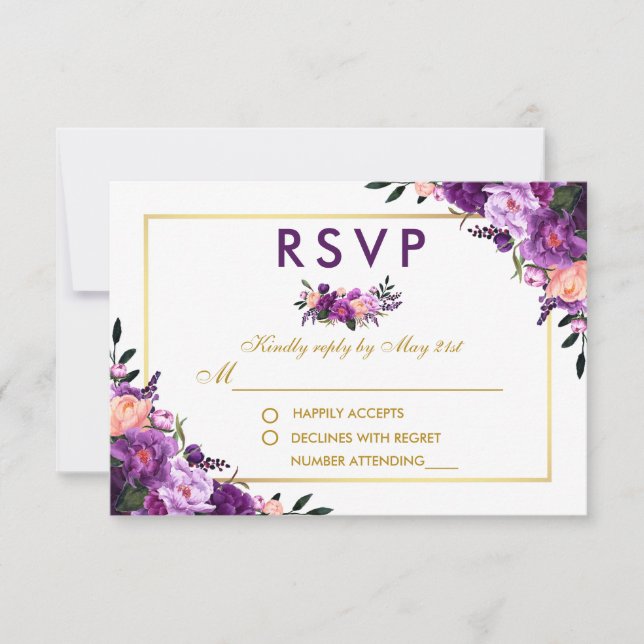 Ultra Violet Purple Floral Gold RSVP Wedding P (Front)