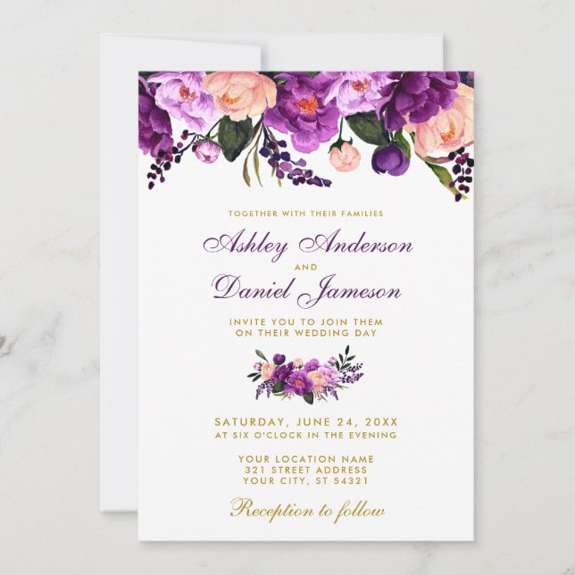 Ultra Violet Purple Floral Gold Wedding Invitation (Front)