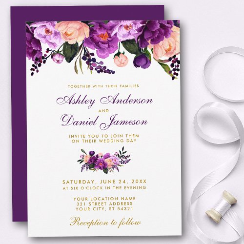 Ultra Violet Purple Floral Gold Wedding Invite P