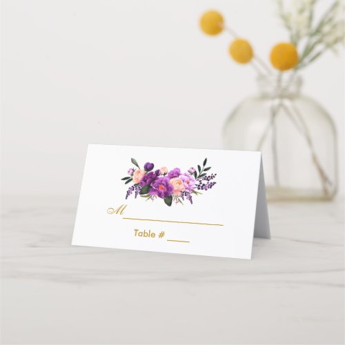 Ultra Violet Purple Floral Gold Wedding Place Card
