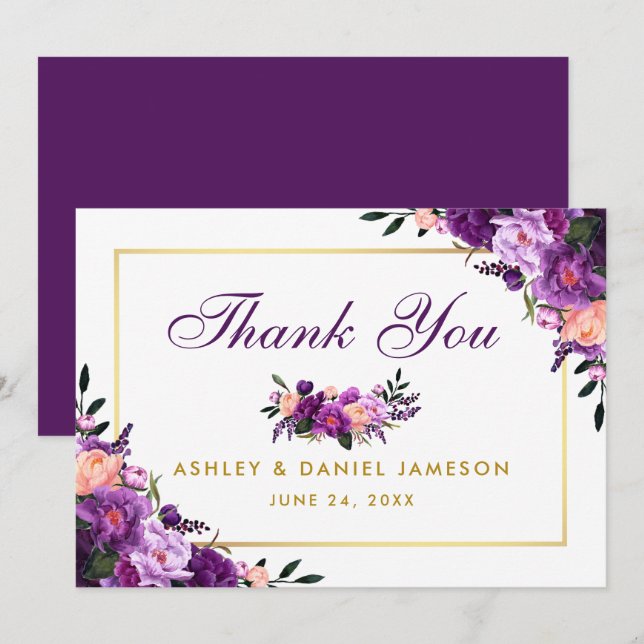 Ultra Violet Purple Floral Gold Wedding Thank You Card (Front/Back)