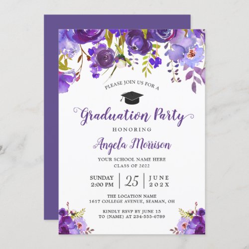 Ultra Violet Purple Floral Graduation Party Invitation - Create your perfect invitation with this pre-designed templates, you can easily personalize it to be uniquely yours. For further customization, please click the "customize further" link and use our easy-to-use design tool to modify this template. If you prefer Thicker papers / Matte Finish, you may consider to choose the Matte Paper Type.