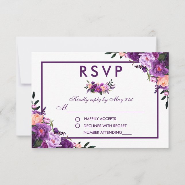 Ultra Violet Purple Floral RSVP Wedding Card (Front)