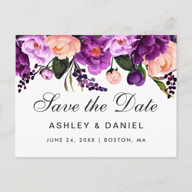 Ultra Violet Purple Floral Save The Date Announcement Postcard (Front)