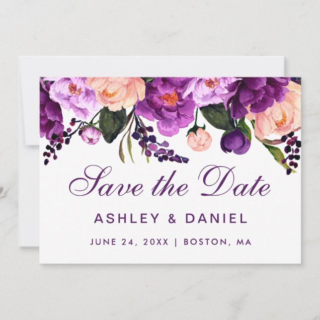 Ultra Violet Purple Floral Save The Date V (Front)