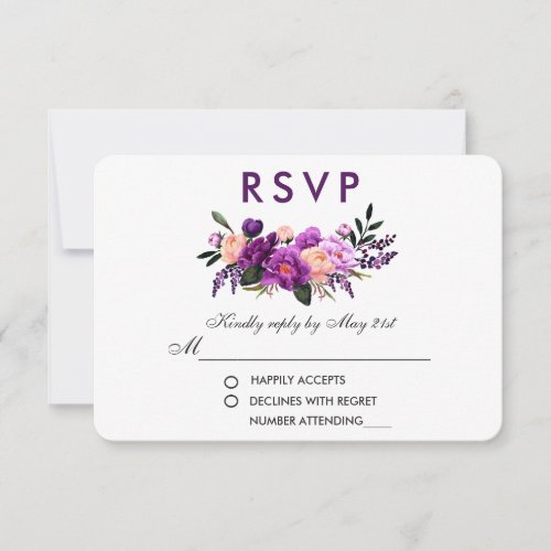 Ultra Violet Purple Floral Watercolor Wedding PS RSVP Card