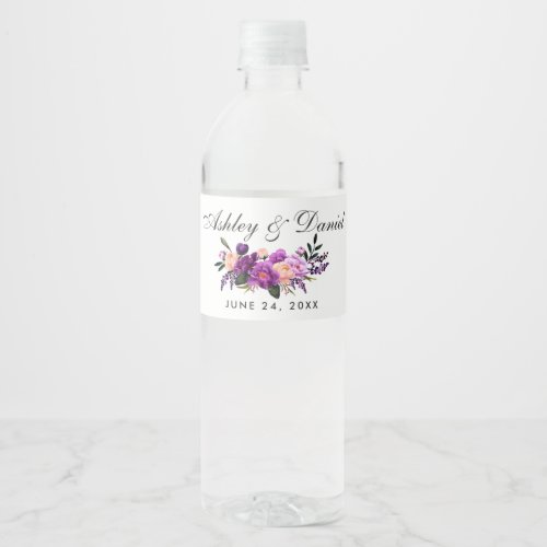 Ultra Violet Purple Floral Watercolor Wedding Water Bottle Label