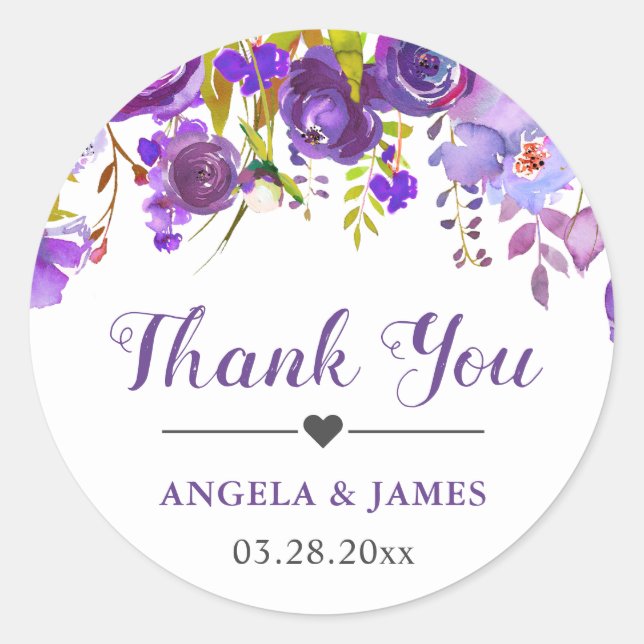 Ultra Violet Purple Floral Wedding Favor Thank You Classic Round Sticker (Front)