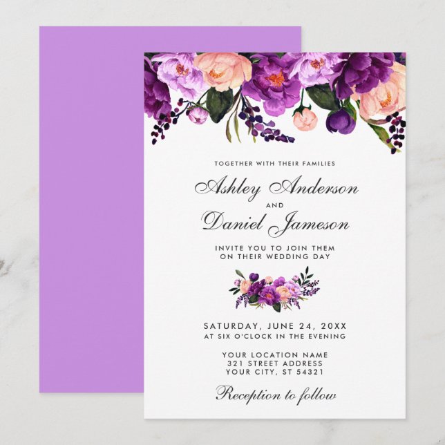 Ultra Violet Purple Floral Wedding Invitation VB (Front/Back)