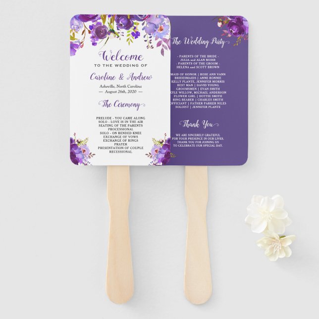 Ultra Violet Purple Floral Wedding Program Hand Fan (Front and Back)