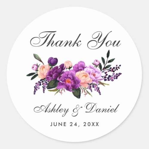 Ultra Violet Purple Floral Wedding Thank You Classic Round Sticker
