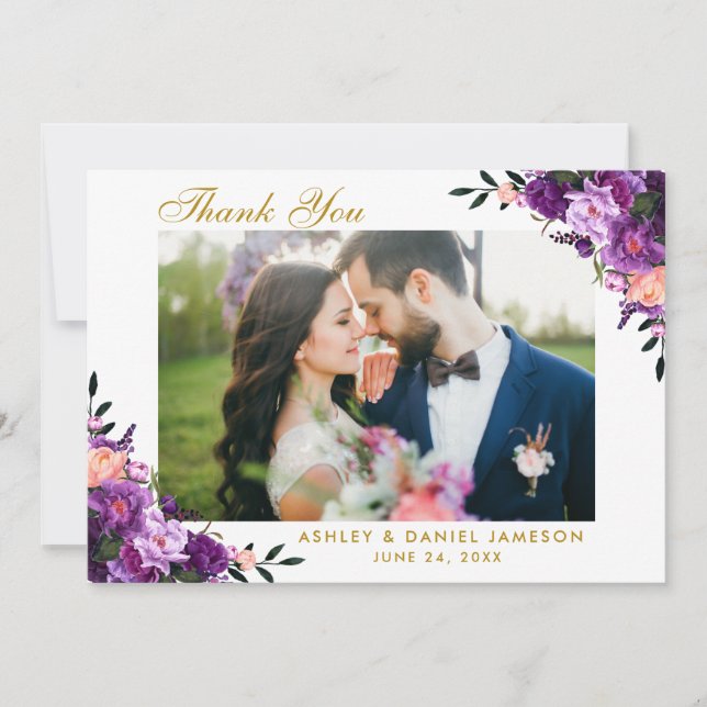 Ultra Violet Purple Floral Wedding Thank You Gold Card (Front)