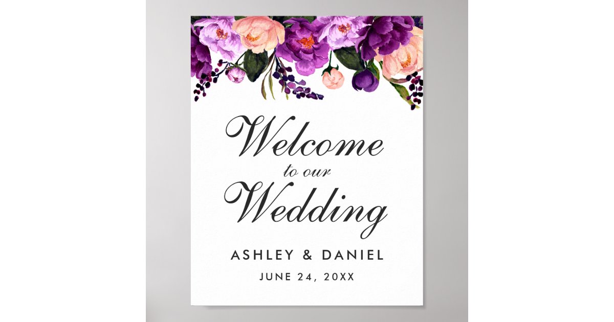 Welcome Violet Ultra Violet Purple Floral Wedding Welcome Poster | Zazzle