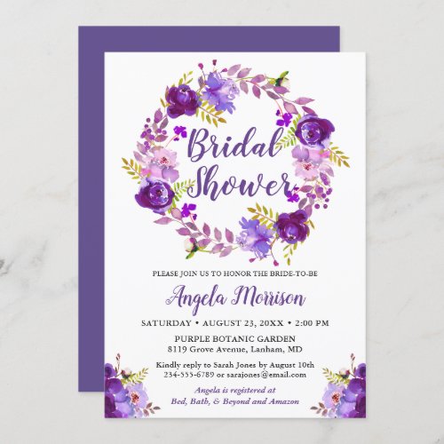 Ultra Violet Purple Floral Wreath Bridal Shower Invitation - Ultra Violet Purple Floral Wreath Bridal Shower Invitation. 
(1) For further customization, please click the "customize further" link and use our design tool to modify this template. 
(2) If you prefer Thicker papers / Matte Finish, you may consider to choose the Matte Paper Type. 
(3) If you need help or matching items, please contact me.