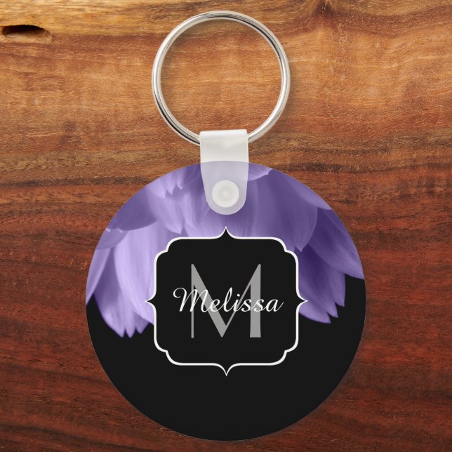 Ultra violet purple flower petals black Monogram Keychain (Front)