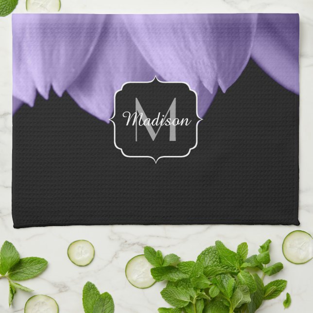 Ultra violet purple flower petals black Monogram Kitchen Towel (Folded)