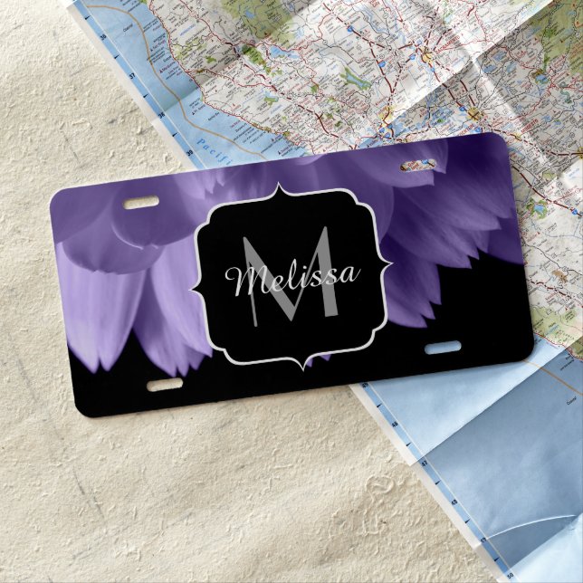 Ultra violet purple flower petals black Monogram License Plate (In Situ)