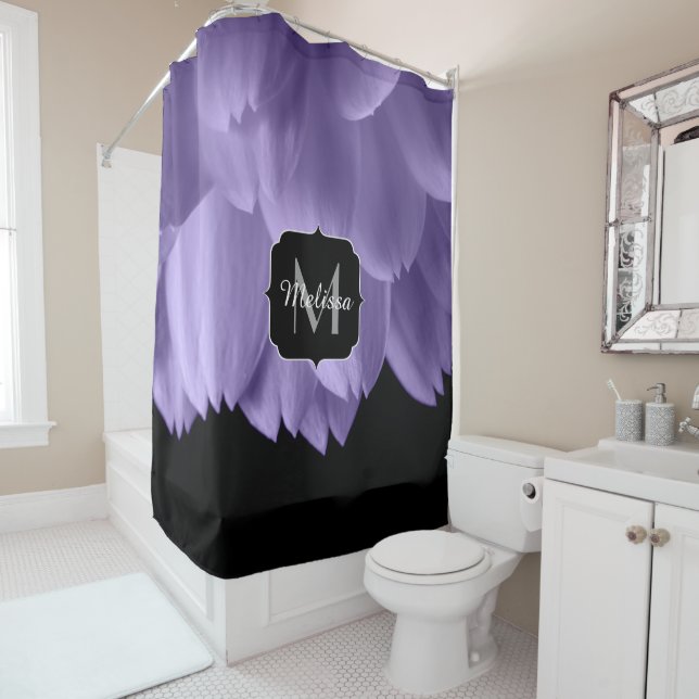 Ultra violet purple flower petals black Monogram Shower Curtain (In Situ)