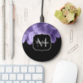 Ultra violet purple flower petals black Monogram Wireless Charger