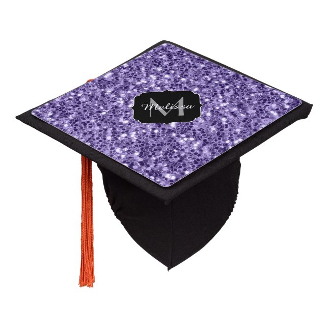 Ultra violet purple glitter sparkles Monogram Graduation Cap Topper (Angled)