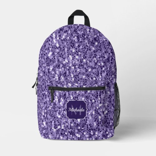 Ultra violet purple glitter sparkles Monogram Printed Backpack
