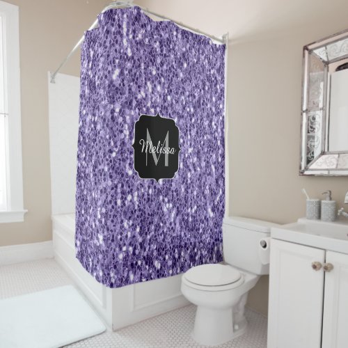Ultra violet purple glitter sparkles Monogram Shower Curtain