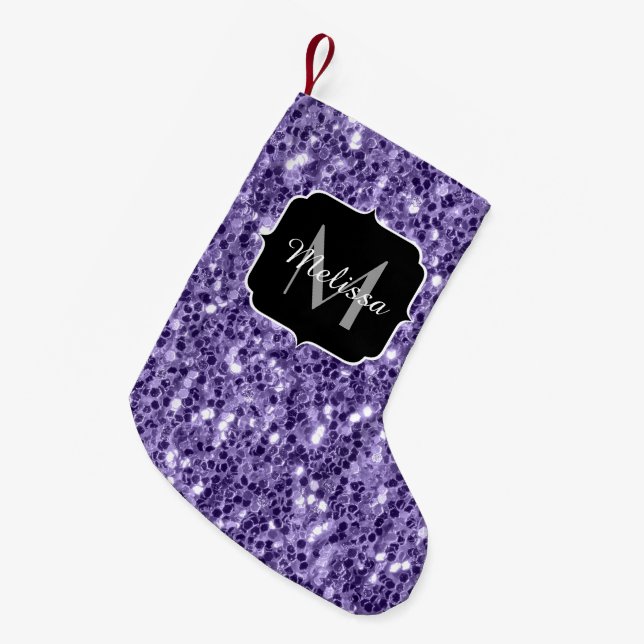 Ultra violet purple glitter sparkles Monogram Small Christmas Stocking (Front (Hanging))