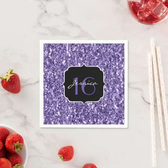 Ultra violet purple glitter sparkles Sweet 16 Napkins (Insitu)