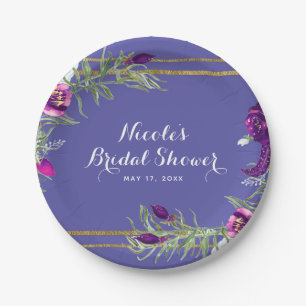 Ultra Violet Purple & Gold Floral Bohemian Chic Paper Plates