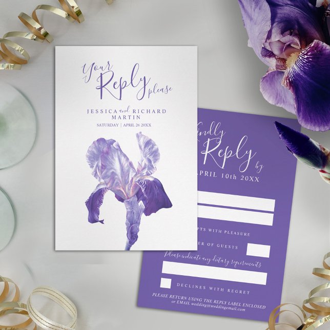 Ultra violet purple Iris flower art wedding RSVP Card (Creator Uploaded)