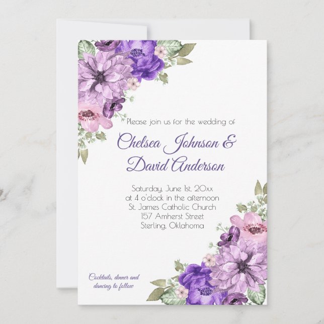 Ultra Violet Purple Pink Greenery Floral Wedding Announcement (Front)