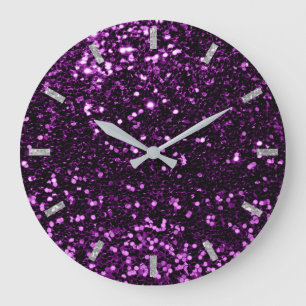 Ultra Violet Purple Sparkly Faux Glitter Gray Glam Large Clock