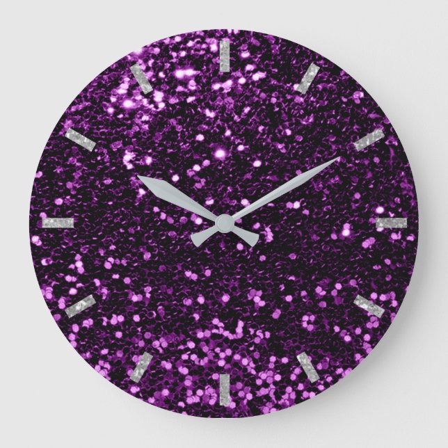 Ultra Violet Purple Sparkly Faux Glitter Gray Glam Large Clock (Front)