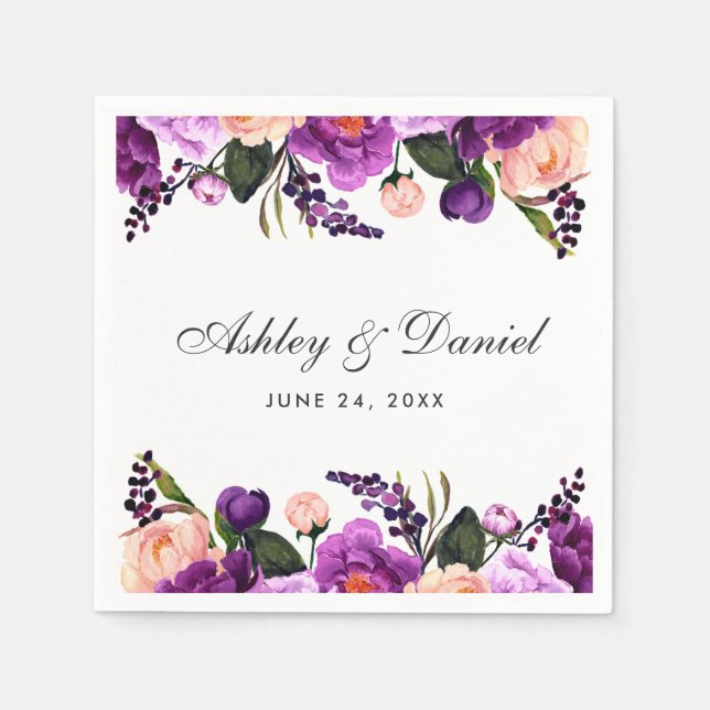 Ultra Violet Purple Watercolor Floral Wedding G Napkins (Front)