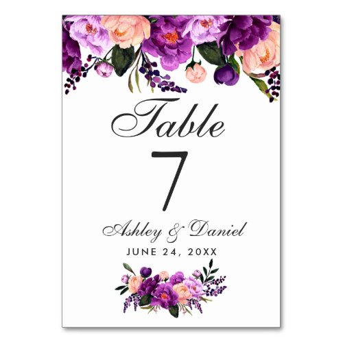 Ultra Violet Purple Watercolor Floral Wedding G Table Number