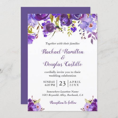 Ultra Violet Purple Watercolor Floral Wedding Invitation