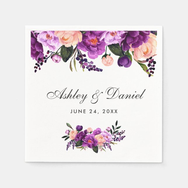 Ultra Violet Purple Watercolor Floral Wedding Paper Napkins (Front)