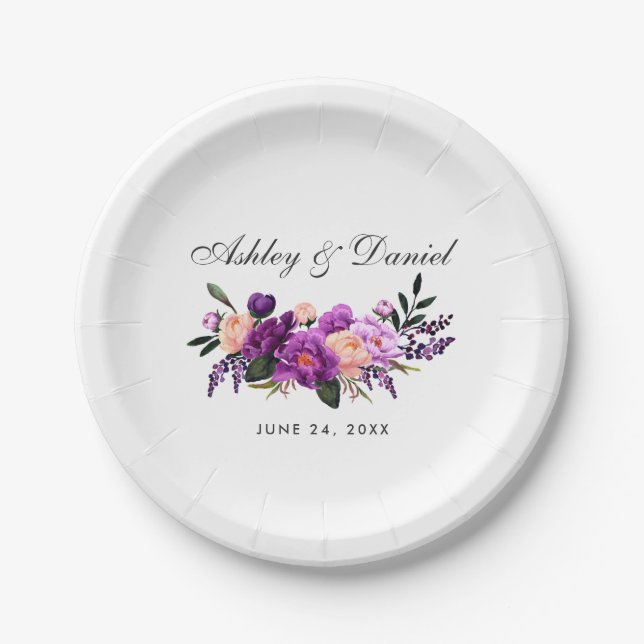 Ultra Violet Purple Watercolor Floral Wedding Paper Plates (Front)