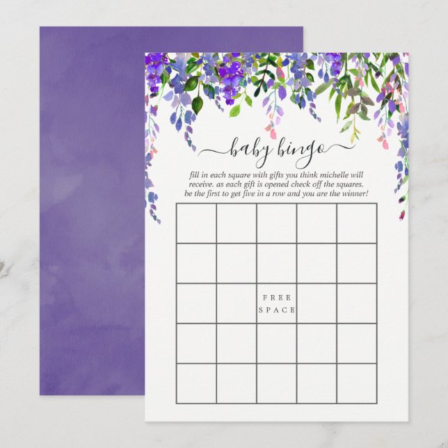 Ultra Violet Watercolor Floral Baby Bingo Invitation (Front/Back)
