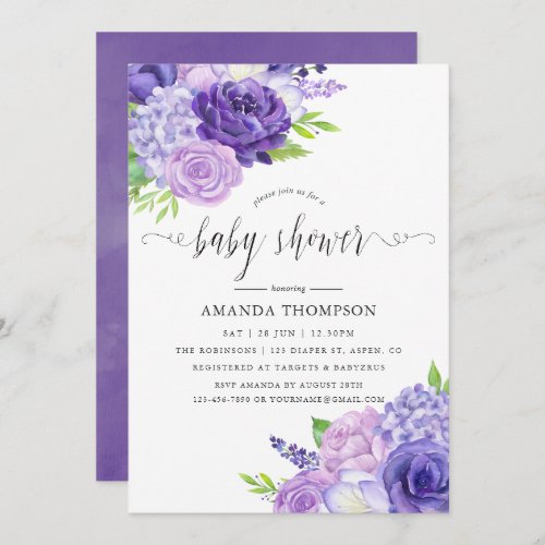Ultra Violet Watercolor Floral Baby Shower Invitation