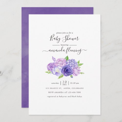 Ultra Violet Watercolor Floral Baby Shower Invitation