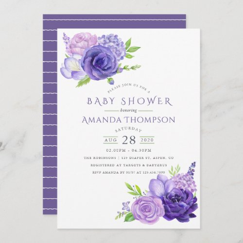 Ultra Violet Watercolor Floral Baby Shower Invite