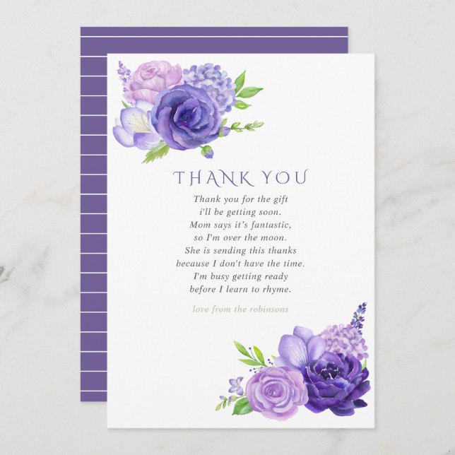 Ultra Violet Watercolor Floral Baby Shower Thanks Invitation (Front/Back)